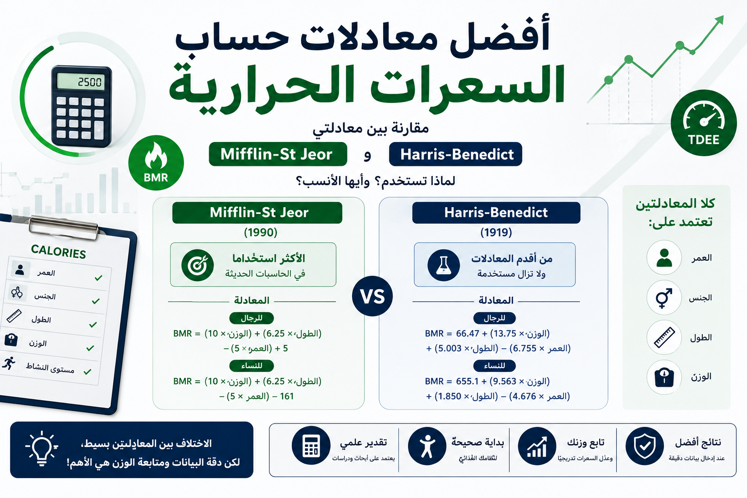 إنفوجرافيك يقارن بين معادلتي Mifflin-St Jeor وHarris-Benedict لحساب معدل الأيض الأساسي (BMR)، ويوضح استخدام كل معادلة ودورها في تقدير احتياج الجسم من السعرات الحرارية.