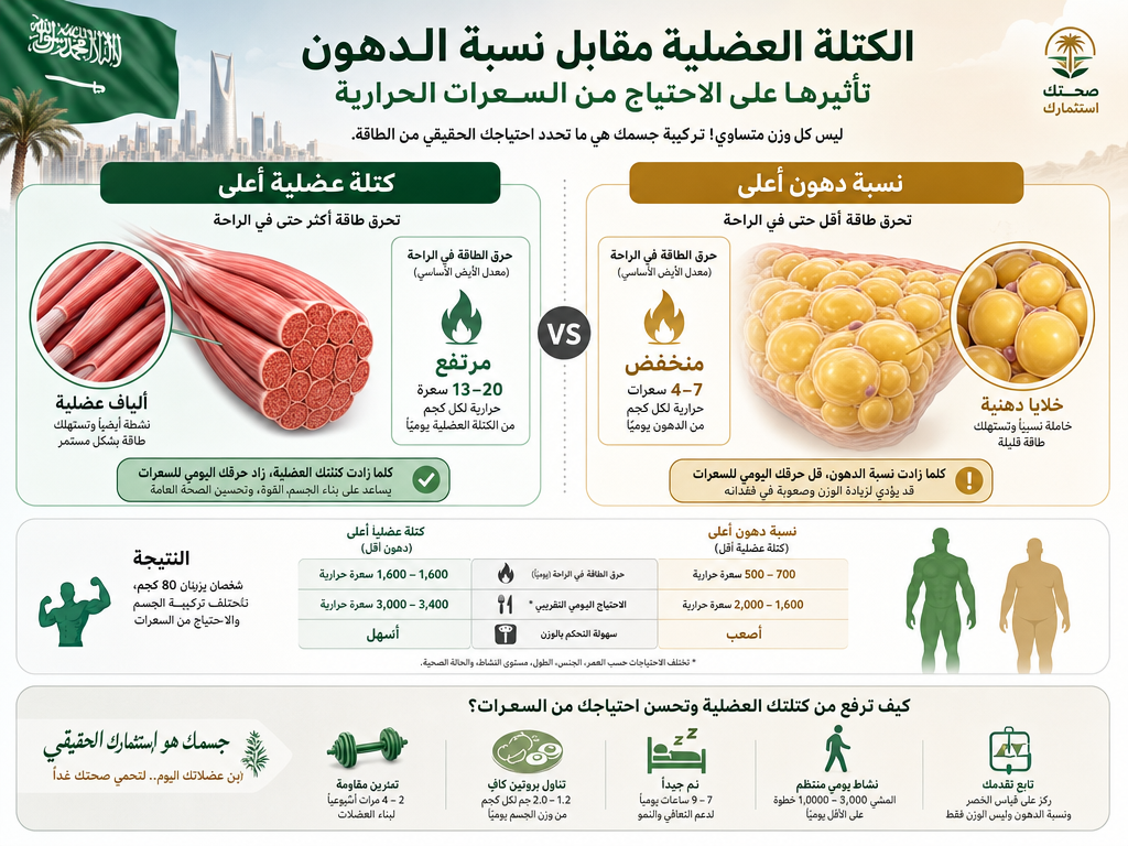 رسم بياني يوضح تأثير الكتلة العضلية ونسبة الدهون على احتياجات السعرات الحرارية