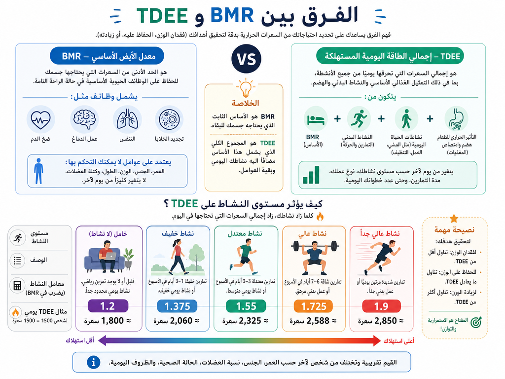 إنفوجرافيك يقارن بين معدل الأيض الأساسي وإجمالي الاحتياج اليومي