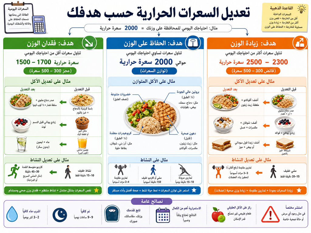 دليل بصري يوضح كيفية تعديل السعرات الحرارية بحسب الأهداف المختلفة