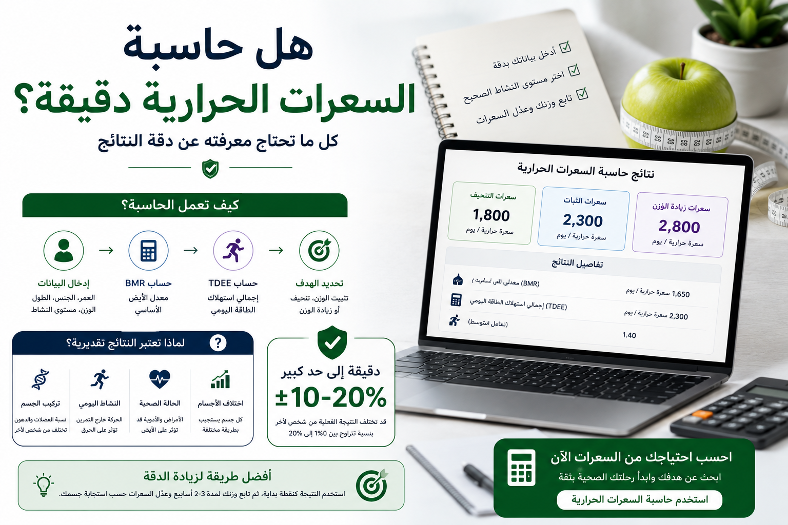 إنفوجرافيك يوضح مدى دقة حاسبة السعرات الحرارية والعوامل التي تؤثر في نتائجها، مثل معادلات BMR وTDEE ومستوى النشاط وتركيب الجسم.