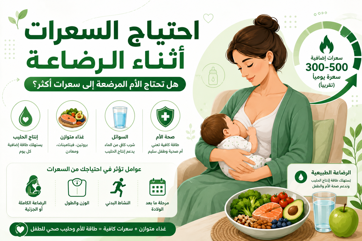 إنفوجرافيك يوضح احتياج السعرات الحرارية أثناء الرضاعة الطبيعية، مع أم تُرضع طفلها، ومؤشر يوضح زيادة احتياج الطاقة، والعوامل المؤثرة مثل كمية الرضاعة، والوزن، والطول، والنشاط البدني، ومرحلة ما بعد الولادة.