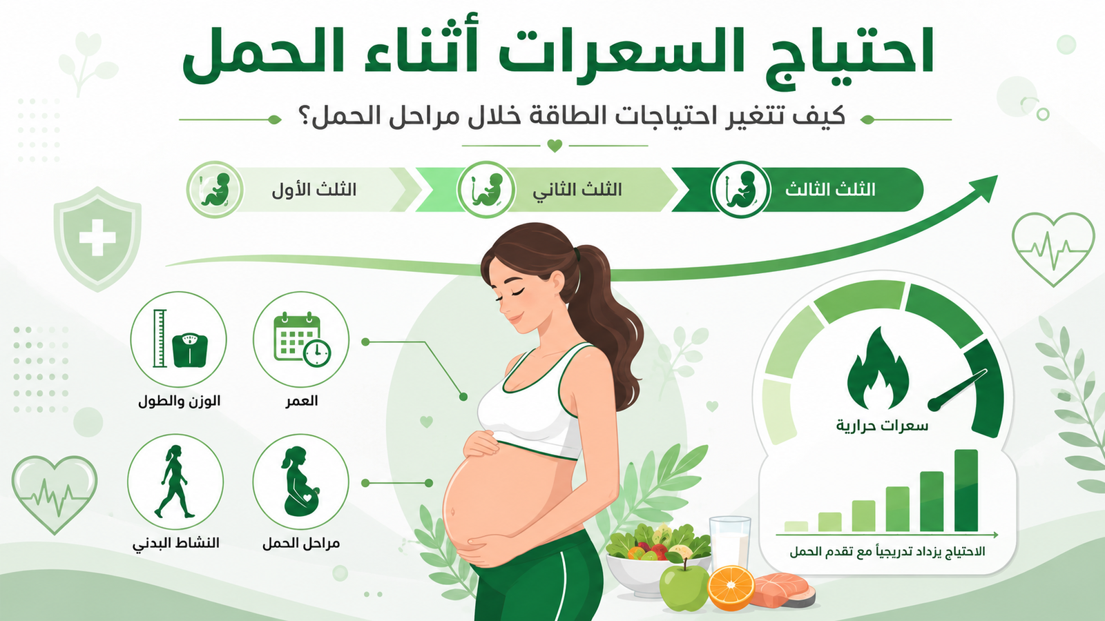 إنفوجرافيك يوضح احتياج السعرات الحرارية أثناء الحمل، مع رسم لامرأة حامل وخط زمني يوضح الثلث الأول والثاني والثالث، إضافة إلى العوامل المؤثرة مثل الوزن والطول والعمر والنشاط البدني.