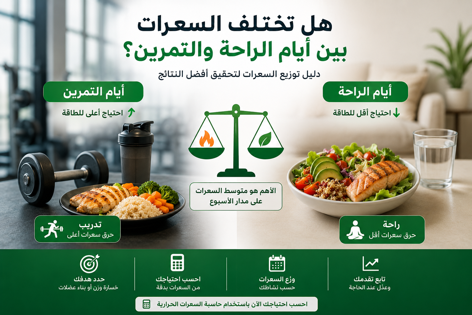 إنفوجرافيك يوضح الفرق بين احتياج السعرات في أيام التمرين وأيام الراحة، مع مقارنة بين النشاط البدني والراحة، ووجبات صحية، وأيقونات توضح توزيع السعرات الأسبوعي وأهمية متوسط السعرات لتحقيق أهداف خسارة الوزن أو بناء العضلات.