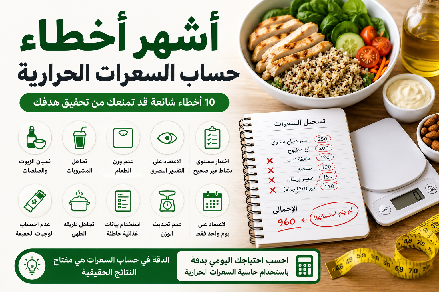إنفوجرافيك يوضح أشهر أخطاء حساب السعرات الحرارية مثل عدم وزن الطعام، والاعتماد على التقدير البصري، ونسيان الزيوت والمشروبات، واختيار مستوى نشاط غير صحيح، مع امرأة تسجل وجبتها وميزان مطبخ وطعام صحي.