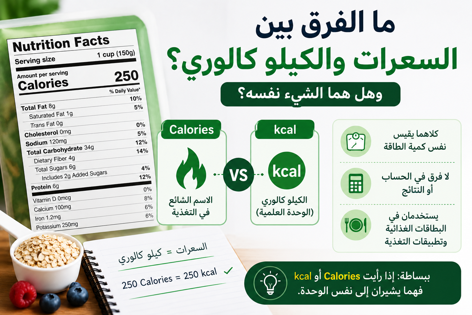 إنفوجرافيك يوضح أن Calories وkcal يشيران إلى نفس وحدة الطاقة المستخدمة في التغذية، مع مقارنة مبسطة وبطاقة معلومات غذائية.