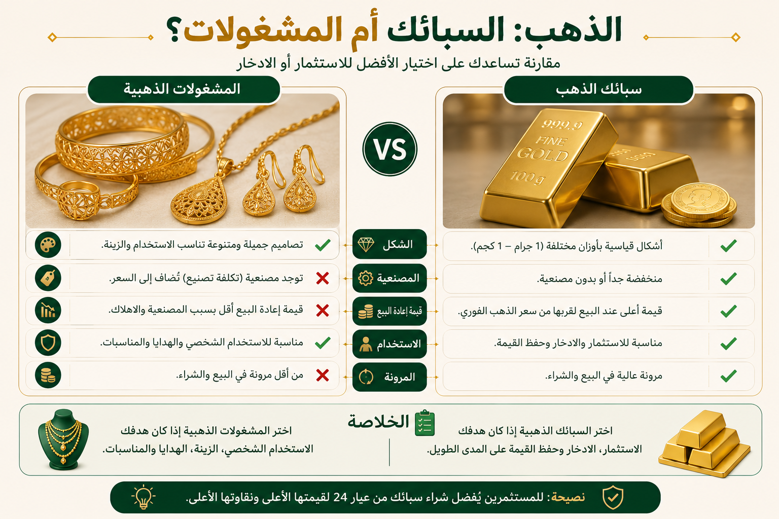 إنفوجرافيك يقارن بين السبائك الذهبية والمشغولات الذهبية من حيث المصنعية، وإعادة البيع، والاستخدام، ومدى ملاءمة كل خيار للاستثمار أو الزينة