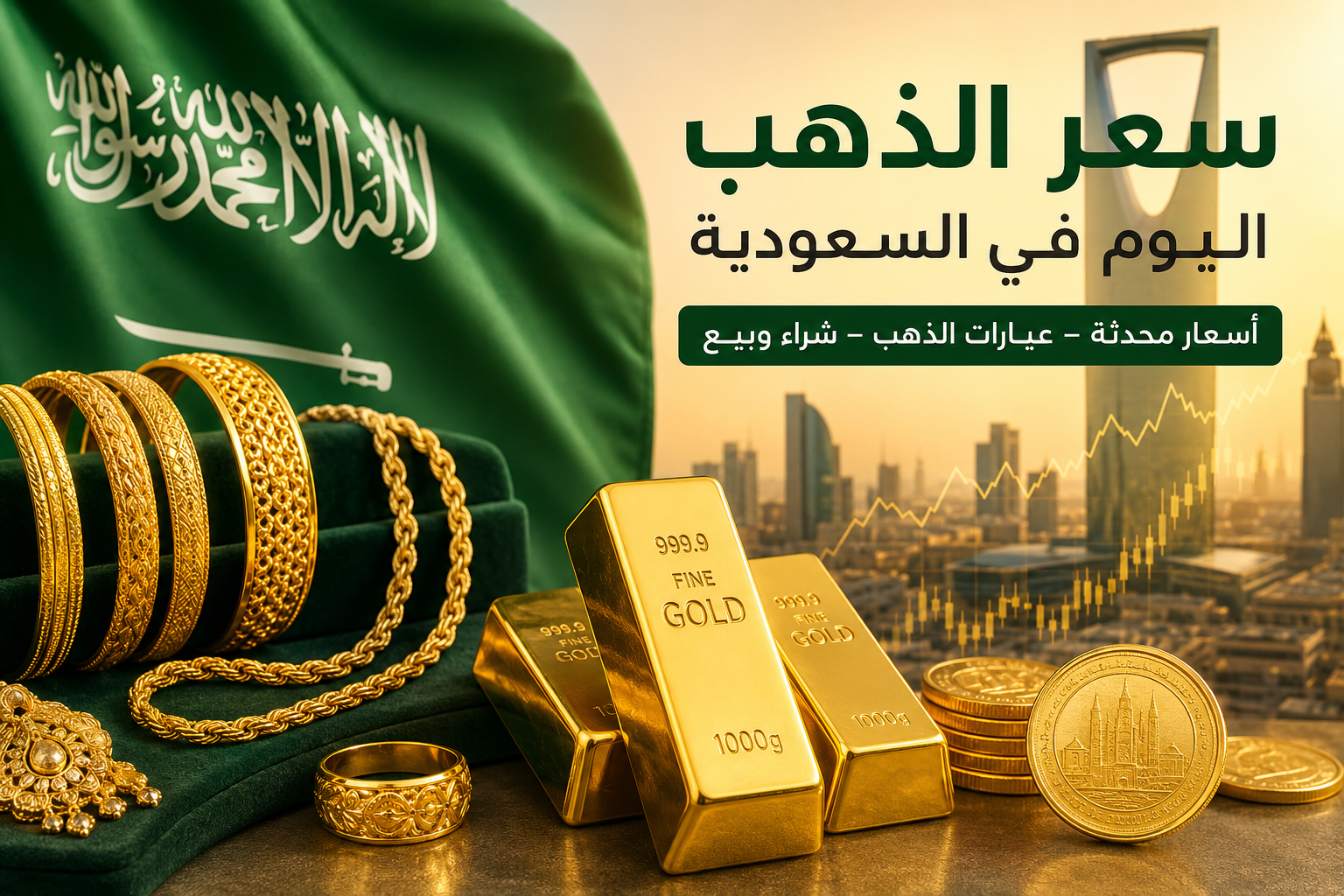 سعر الذهب اليوم في السعودية مع سبائك ذهب ومجوهرات وعلم المملكة العربية السعودية
