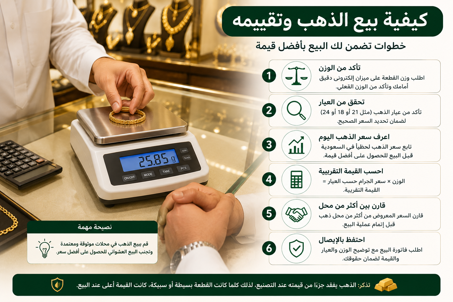 إنفوجرافيك يوضح عملية بيع الذهب وتقييمه في السعودية، ويظهر قطعة ذهب تُوزن على ميزان إلكتروني داخل محل ذهب للتحقق من الوزن والعيار قبل تحديد السعر