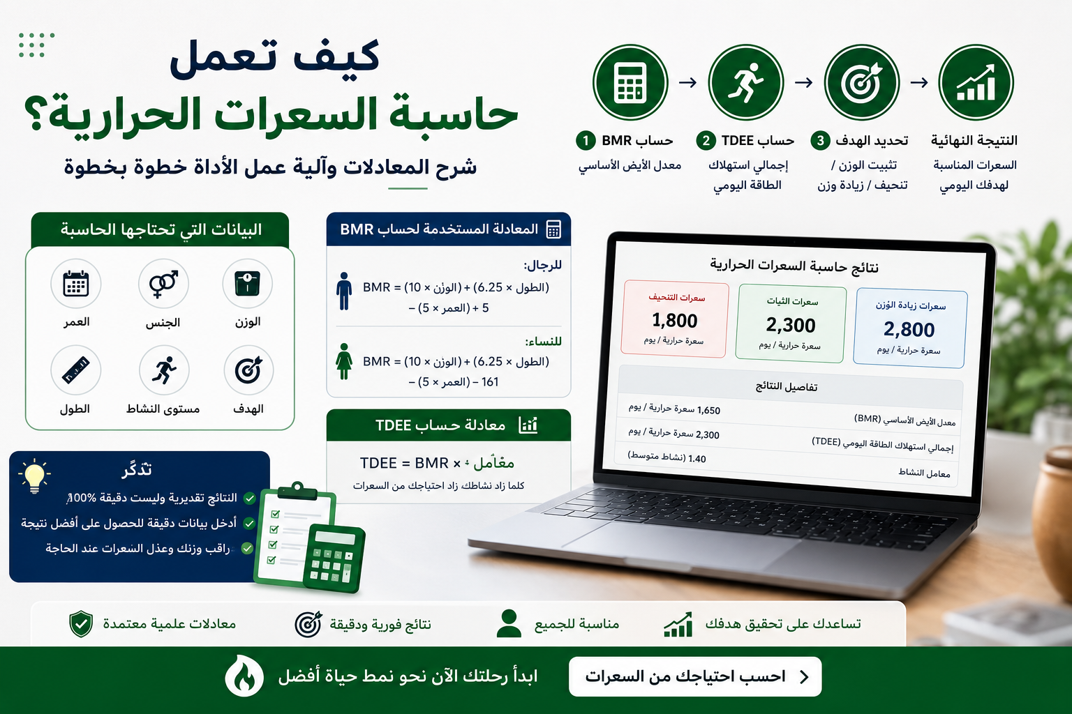 إنفوجرافيك يوضح كيف تعمل حاسبة السعرات الحرارية بدءًا من إدخال البيانات وحساب BMR وTDEE وصولًا إلى تحديد سعرات الثبات والتنحيف وزيادة الوزن.