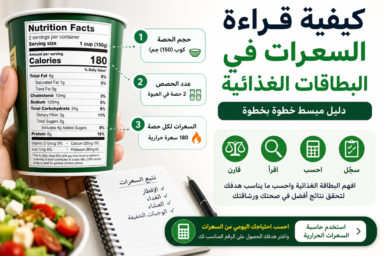 إنفوجرافيك يوضح كيفية قراءة السعرات في البطاقات الغذائية، مع شرح حجم الحصة، وعدد الحصص في العبوة، والسعرات لكل حصة، وطريقة حساب إجمالي السعرات باستخدام الملصق الغذائي.