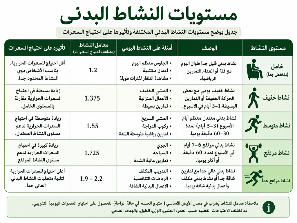 مستويات النشاط البدني جدول يوضح مستويات النشاط البدني المختلفة