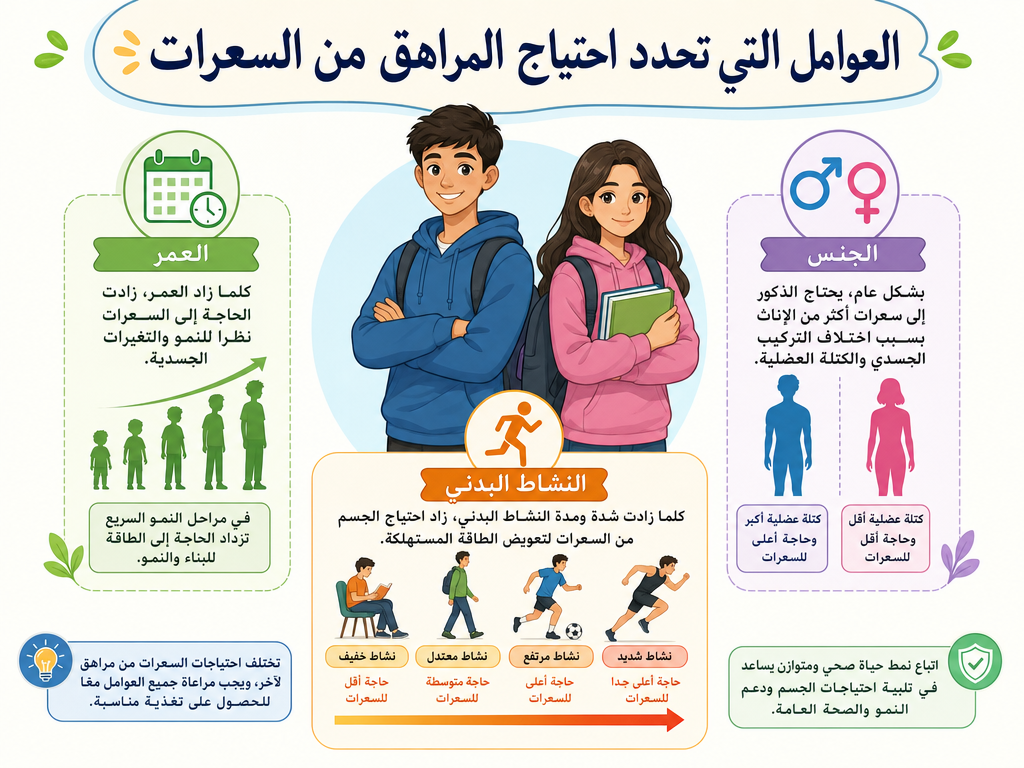 العوامل التي تحدد احتياج المراهق من السعرات رسم توضيحي للعوامل المؤثرة في السعرات