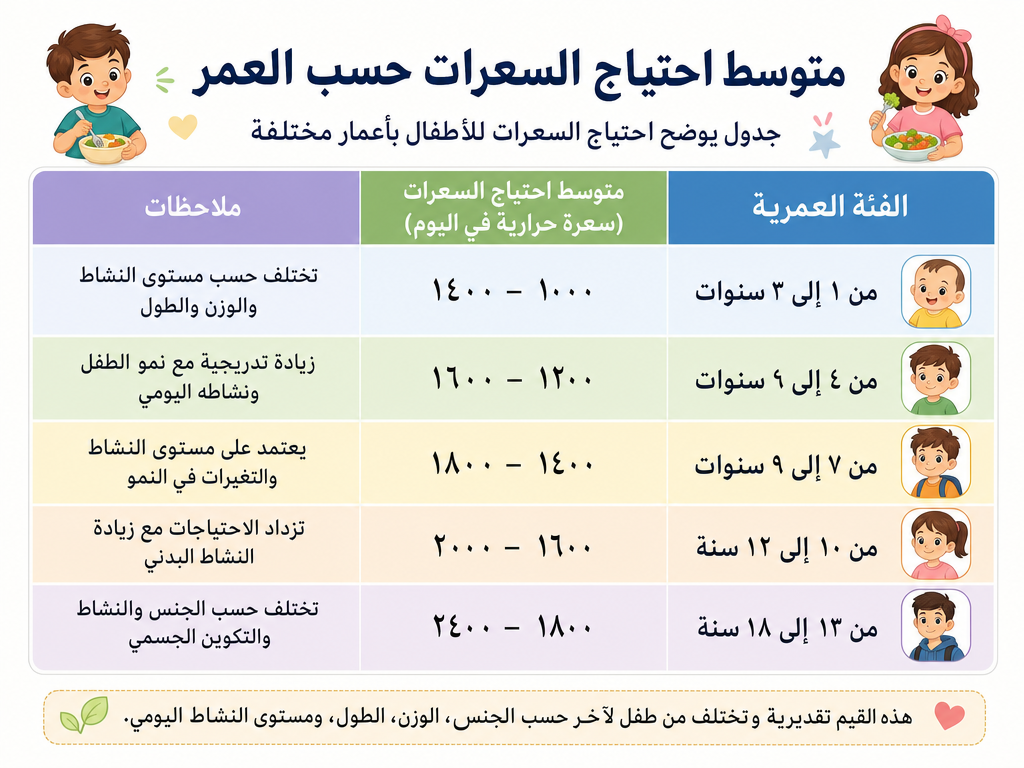 متوسط احتياج السعرات حسب العمر جدول يوضح احتياج السعرات للأطفال بأعمار مختلفة