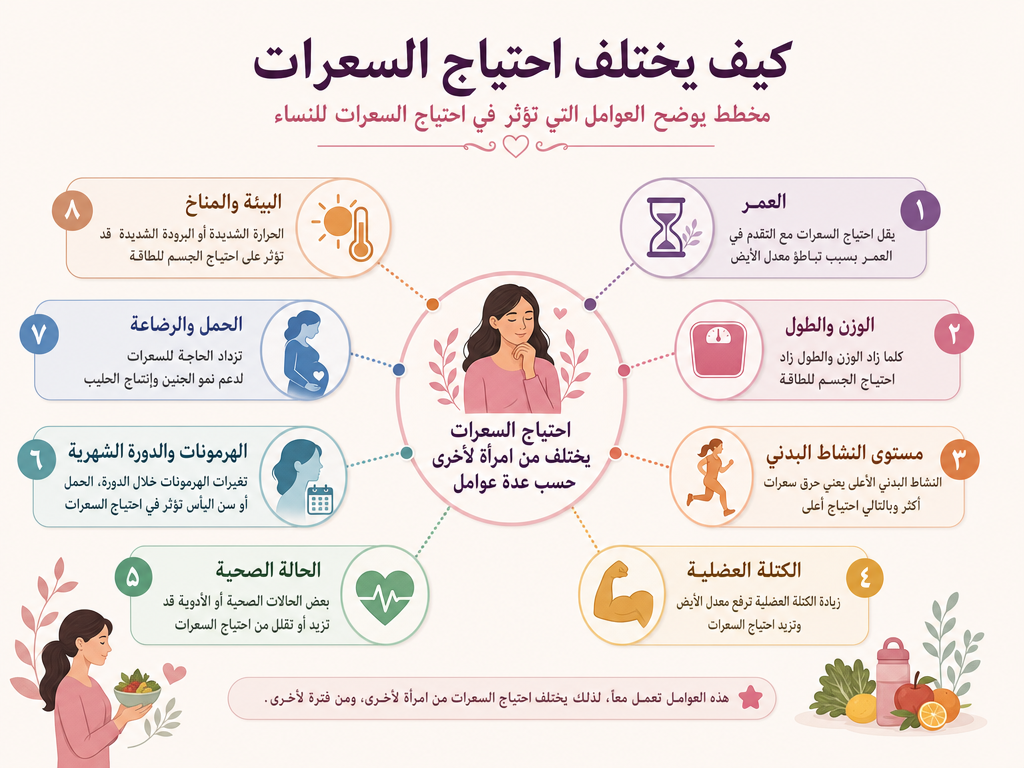مخطط يوضح العوامل التي تؤثر في احتياج السعرات للنساء