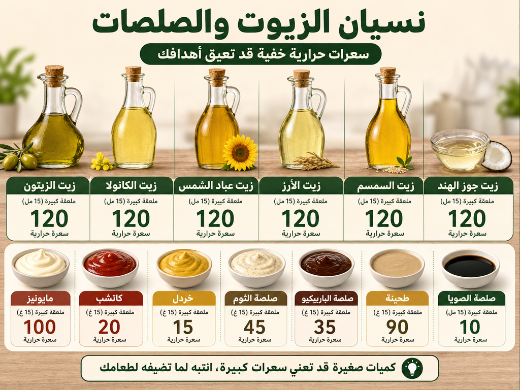 نسيان الزيوت والصلصات زيوت وصلصات مختلفة مع سعرات حرارية