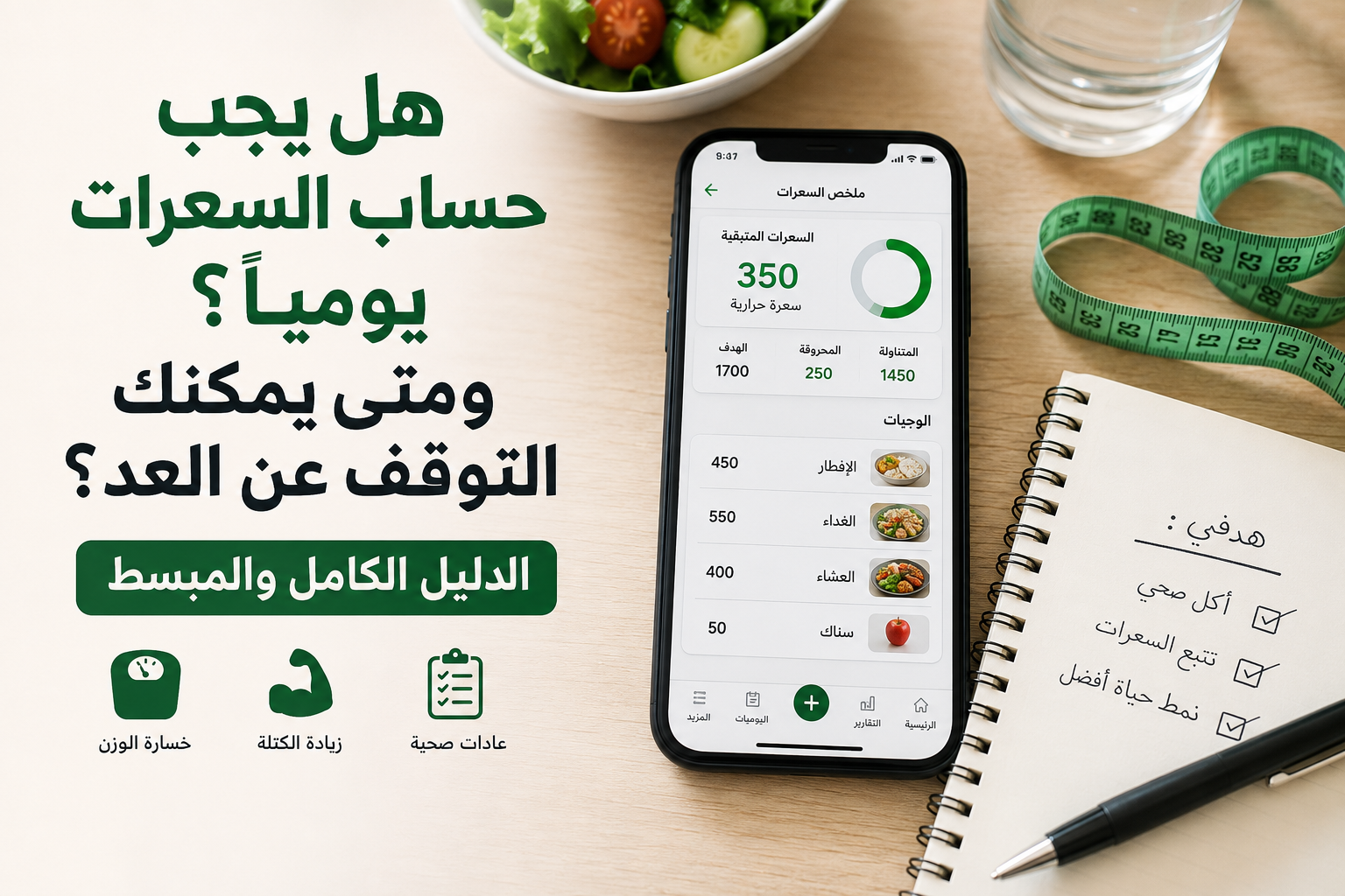 إنفوجرافيك يوضح ما إذا كان يجب حساب السعرات الحرارية يوميًا، مع هاتف يعرض تطبيقًا لتتبع السعرات، ومفكرة للأهداف الصحية، وشريط قياس، وعناصر ترمز إلى خسارة الوزن وزيادة الكتلة العضلية وبناء العادات الغذائية.
