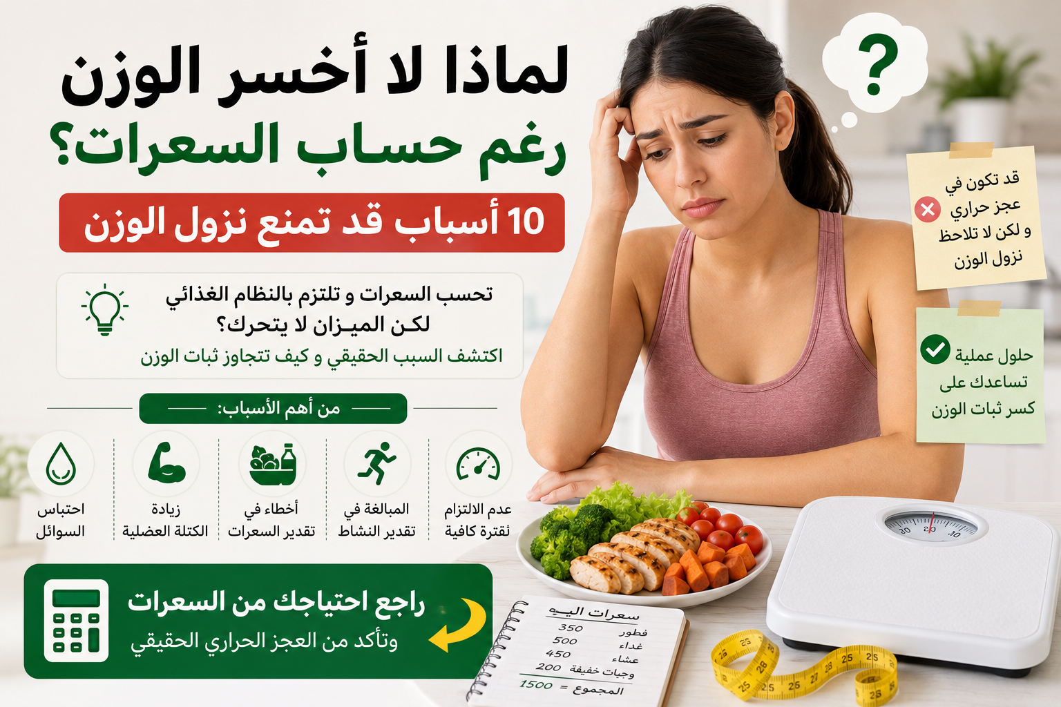 إنفوجرافيك يوضح أسباب عدم خسارة الوزن رغم حساب السعرات، مع امرأة تبدو قلقة أمام ميزان وطعام صحي، وأيقونات توضح أسباب مثل احتباس السوائل، وأخطاء حساب السعرات، والمبالغة في تقدير النشاط، وزيادة الكتلة العضلية.